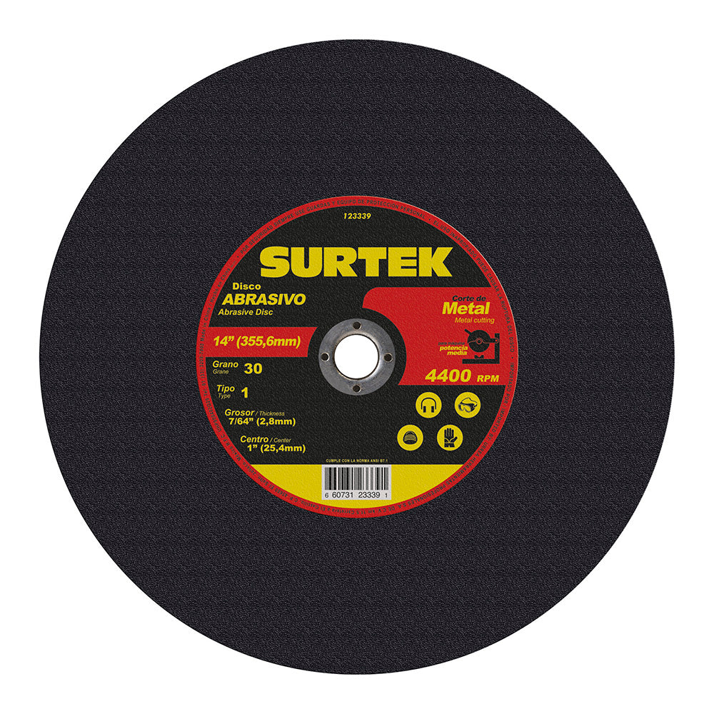 Disco abrasivo tipo 1 para metal 14" x 7/64" para máquina estacionaria Surtek