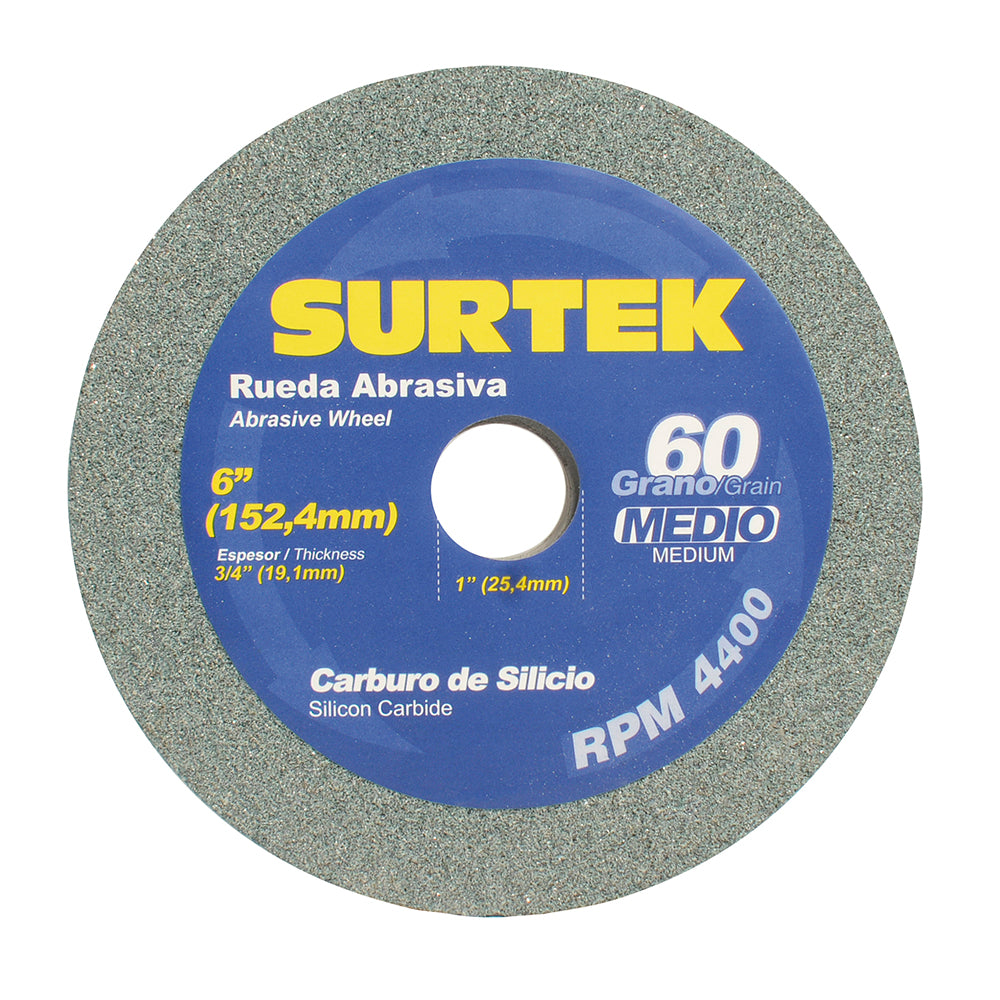 Rueda abrasiva de carburo de silicio verde grano 60, 6" x 3/4" Surtek