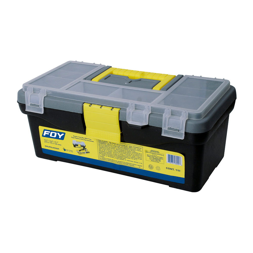 Caja portaherramientas plástica con broches plásticos y organizador color negro 12" x 6" x Foy