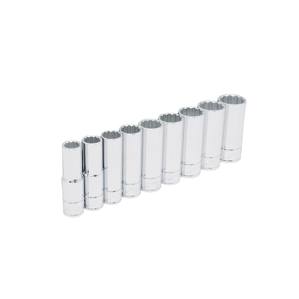 Juego de dados largos cuadro de 1/2", 12 puntas, en pulgadas, 9 piezas Urrea
