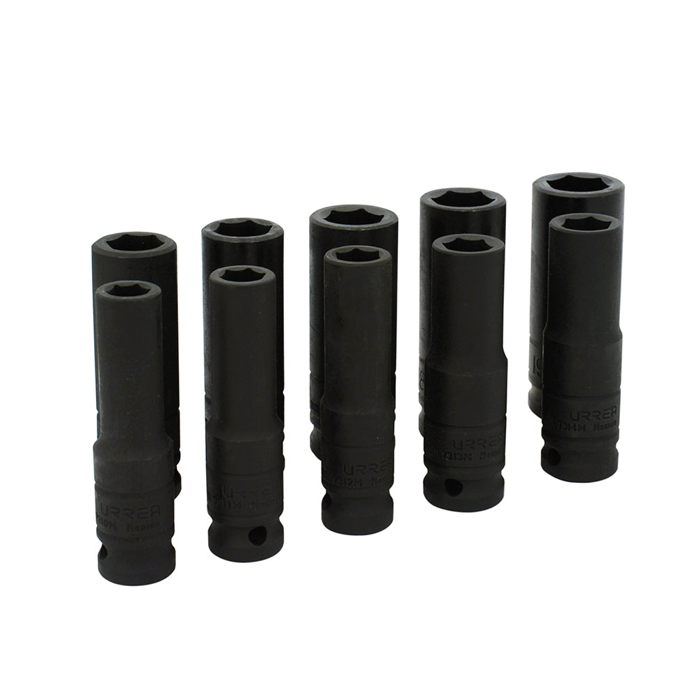Juego de dados largos de impacto cuadro de 1/2", 6 puntas, métricos, 10 piezas Urrea