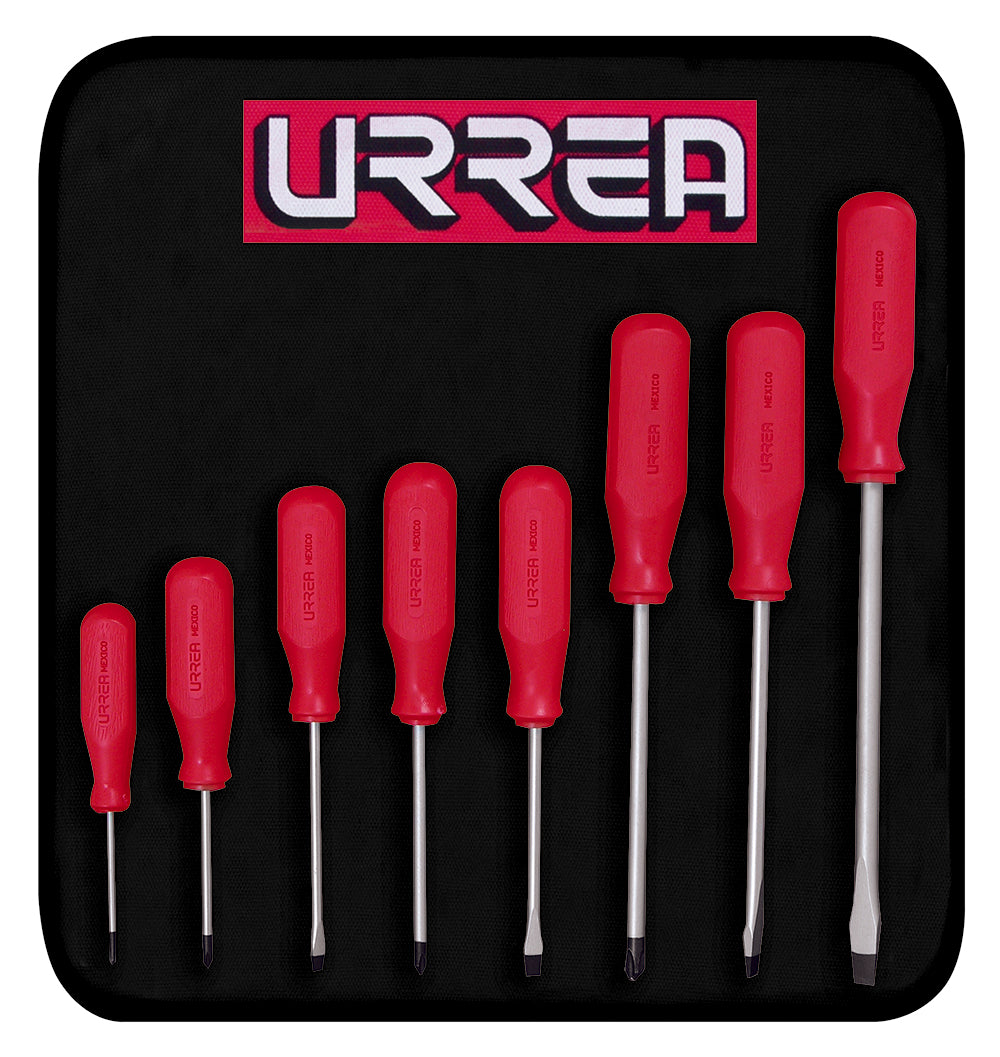 Juego de destornilladores con mango rojo, combinados, 8 piezas en estuche Urrea