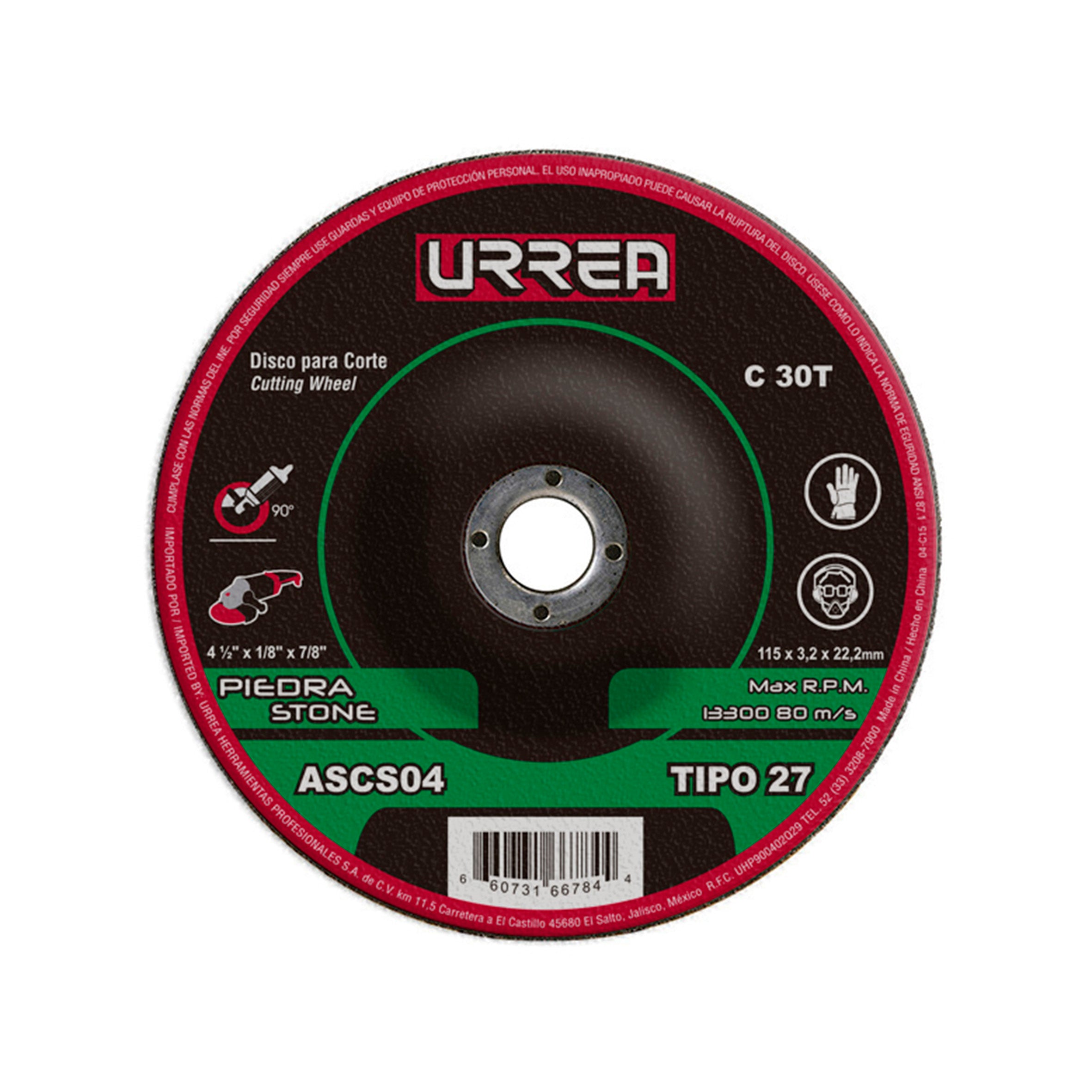 Disco abrasivo tipo 27 para piedra 4-1/2" x 1/8" Urrea
