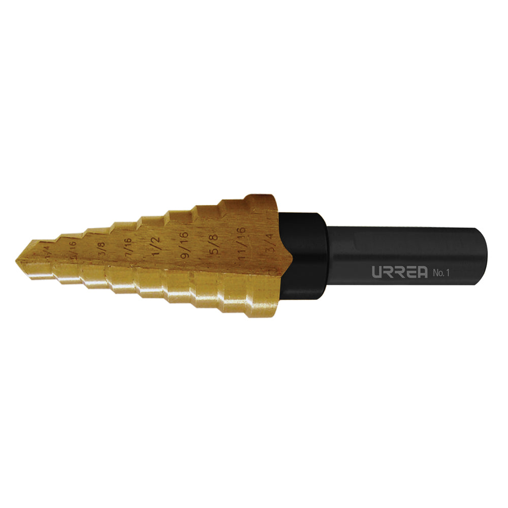 Broca escalonada de acero con doble estría #4, 1/4" a 3/4" zanco 3 planos Urrea