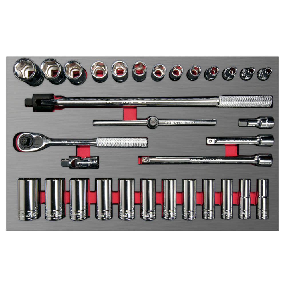 Juego de dados cortos,largos y accesorios de 1/2" en pulgadas 32 piezas, CH310L-C Urrea