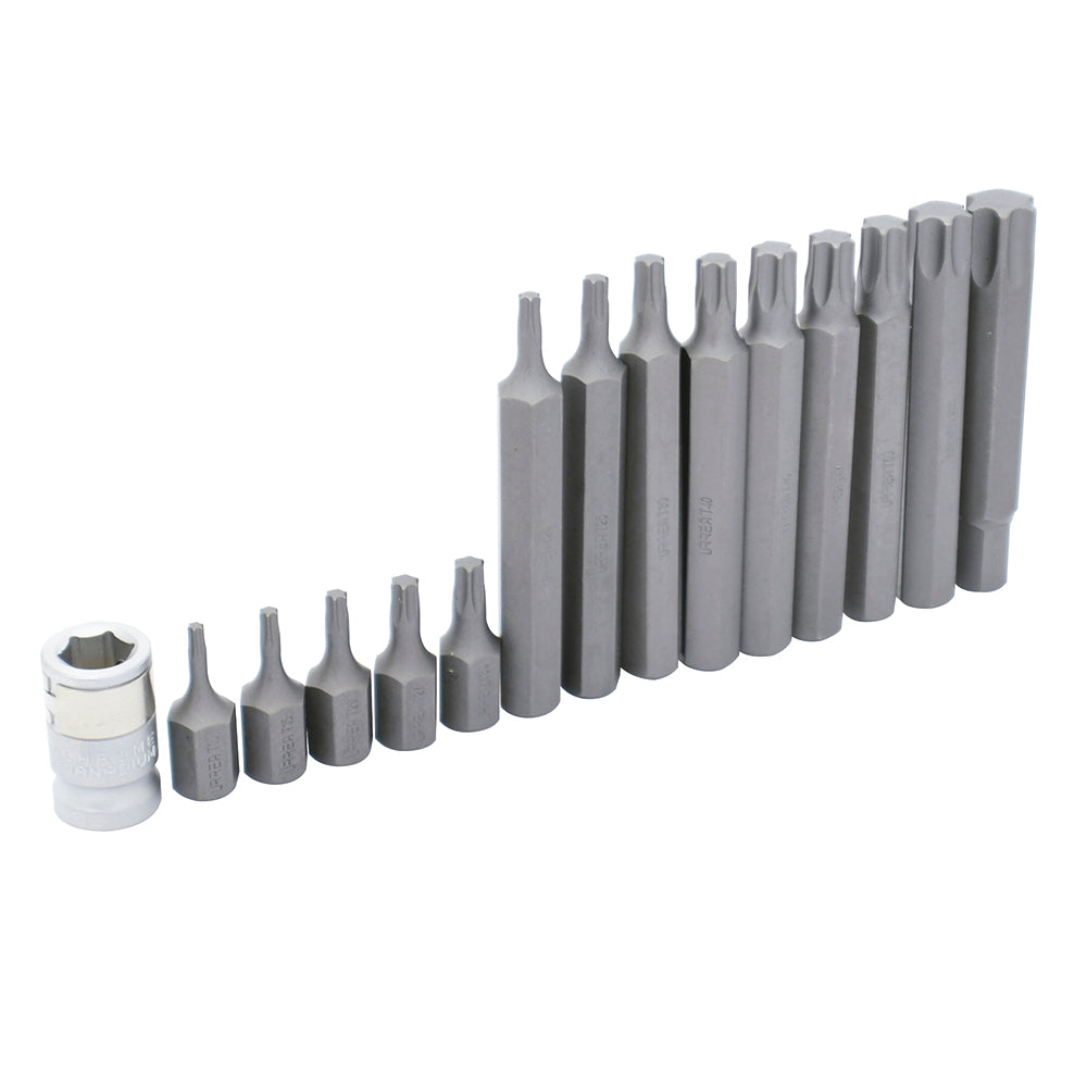 Juego de puntas torx cortas y largas hexágono de 3/8" con adaptador, 15 piezas en blíster Urrea