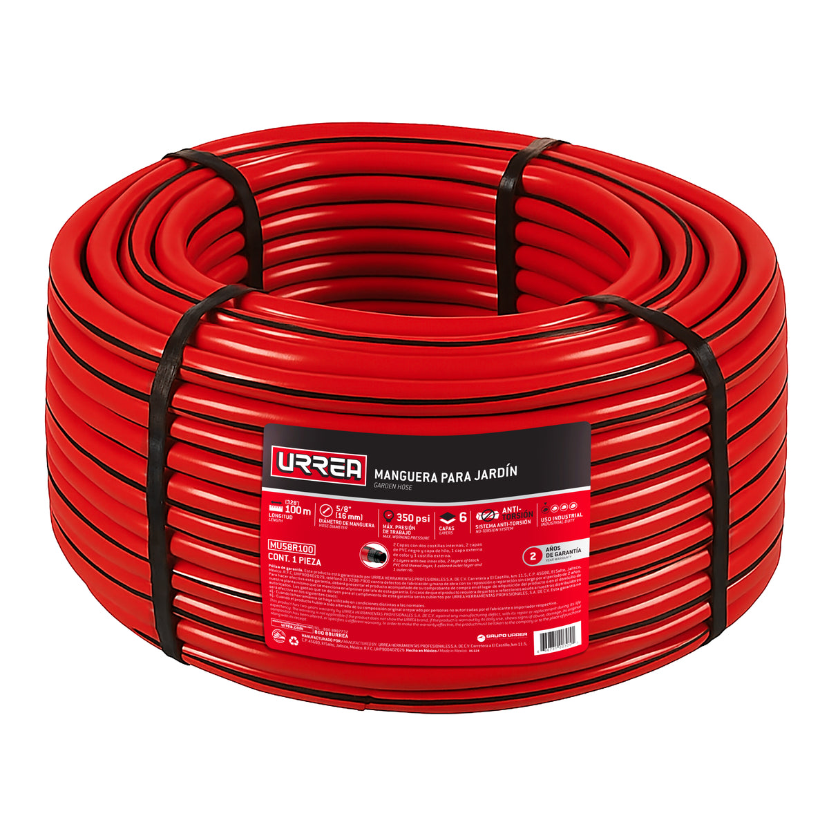 Manguera para jardín de 6 capas reforzada con conector metálico robusto 5/8", 100 m Urrea