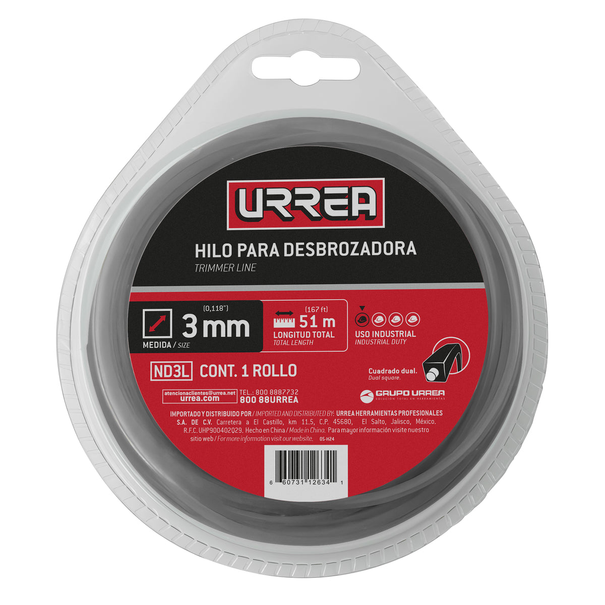 Nailon cuadro dual para desbrozadora doble blister, 3 mm x 51 m Urrea