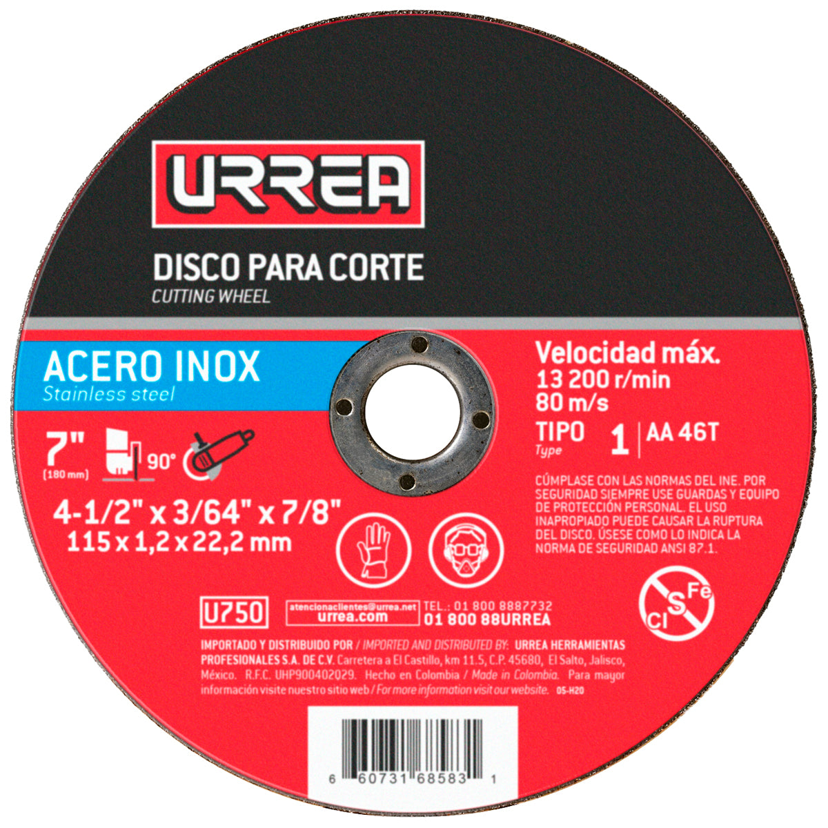 Disco abrasivo tipo 1 para acero inoxidable 4-1/2" x 3/64" Urrea
